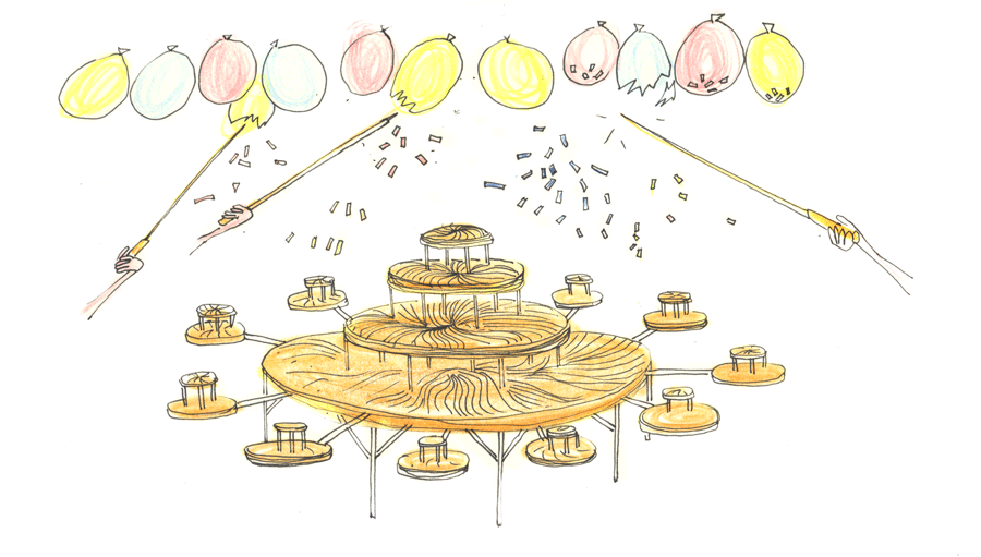 Illustration de la pièce montée géante pour galette des rois. Dessin du feu d'artifice de confettis alimentaires