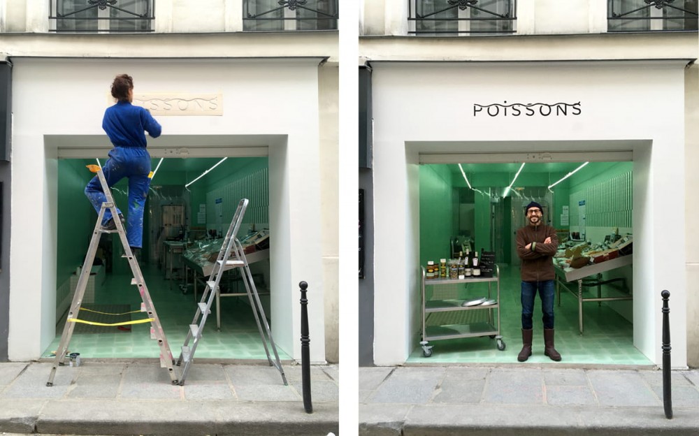 Façade de la poissonnerie Poissons, située dans la rue des Gravillliers à Paris. Identité visuelle de la marque.