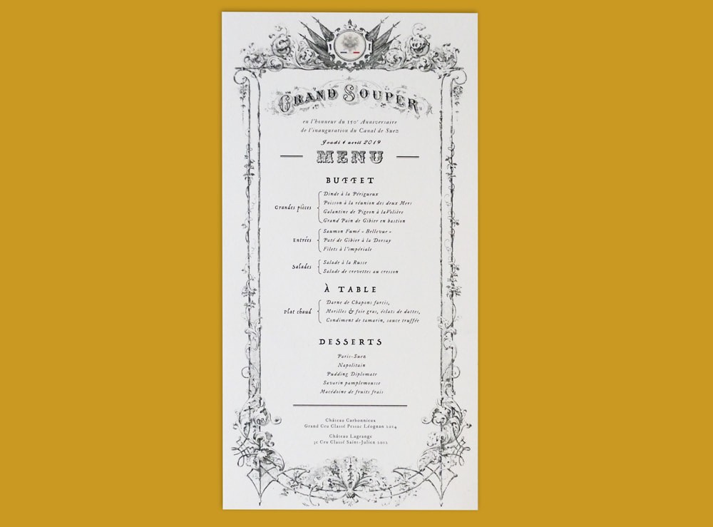 Menu du Grand souper en l'honneur du 150e anniversaire de l'inauguration du canal de suez. Design graphique de Hoplastudio.